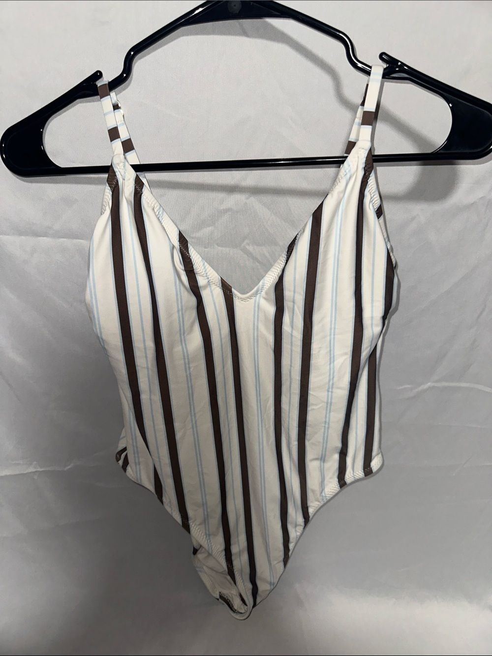 SOLID & STRIPED Cream, Brown and Light Blue Striped One-Piece Swimsuit